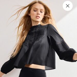 H&M Black Pleated Yoke Long-Sleeve Blouse